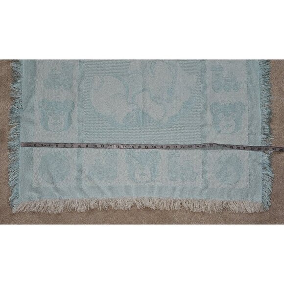 VTG Blue White  Knit Baby Blanket Acrylic Fringe Sleeping Teddy Bear Train Ball - Picture 7 of 10
